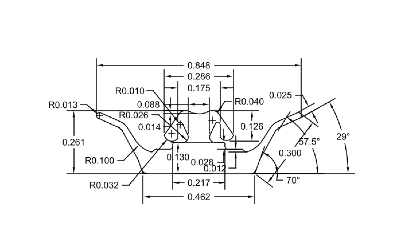 Dimensioned cross-section print of an automotive ditch-molding profile extruded by Custom Profiles